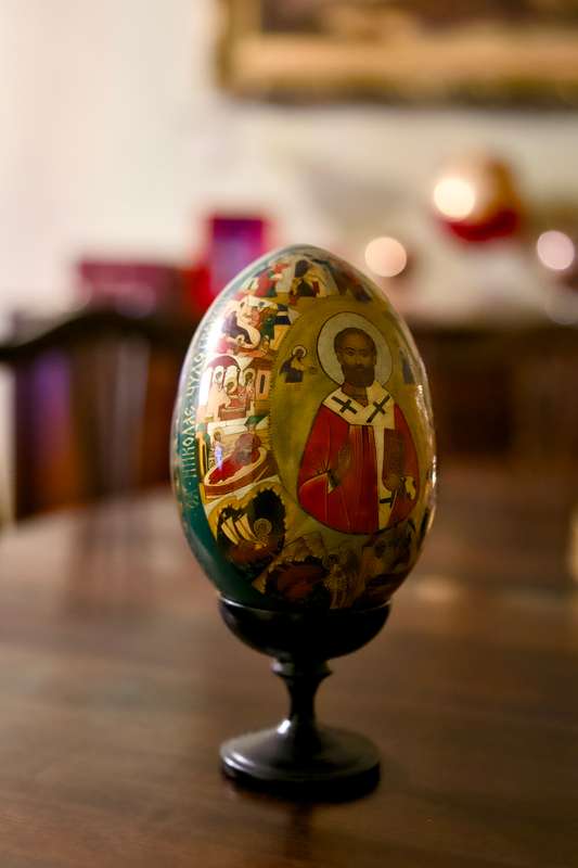 Rare signed, lacquered hand-painted wooden Russian egg with Gold Leaf  Saint Nicholas Icon