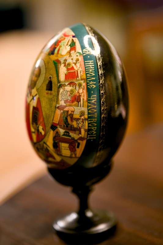 Rare signed, lacquered hand-painted wooden Russian egg with Gold Leaf  Saint Nicholas Icon