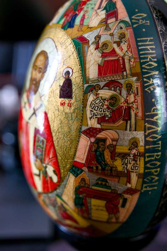 Rare signed, lacquered hand-painted wooden Russian egg with Gold Leaf  Saint Nicholas Icon