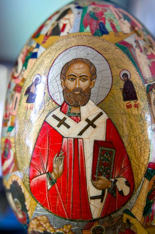 Rare signed, lacquered hand-painted wooden Russian egg with Gold Leaf  Saint Nicholas Icon
