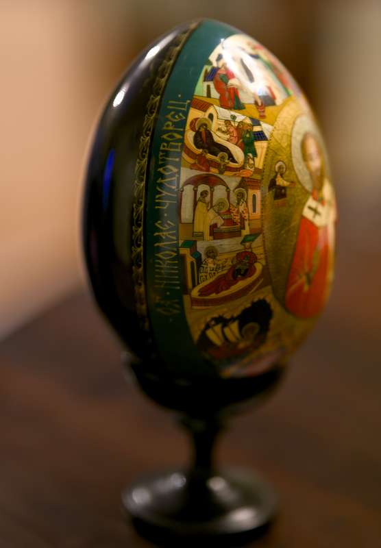 Rare signed, lacquered hand-painted wooden Russian egg with Gold Leaf  Saint Nicholas Icon