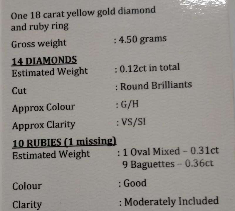 18 carat yellow gold diamond and ruby ring