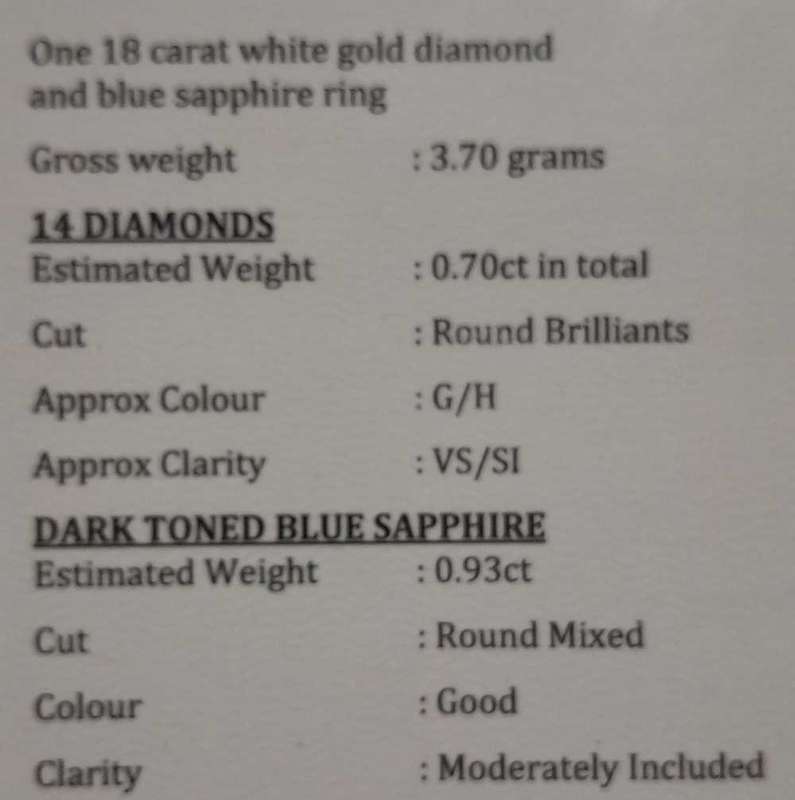 18 carat white gold diamond and blue sapphire ring
