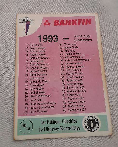 SportsDeck 1993 Bankfin Currie Cup Rugby Cards(85 cards)
