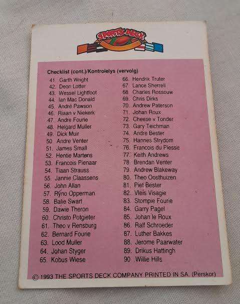 SportsDeck 1993 Bankfin Currie Cup Rugby Cards(85 cards)