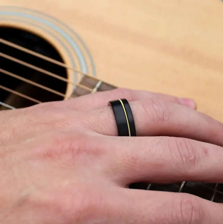Tungsten Carbide Guitar String Inlay Men's Ring Size V