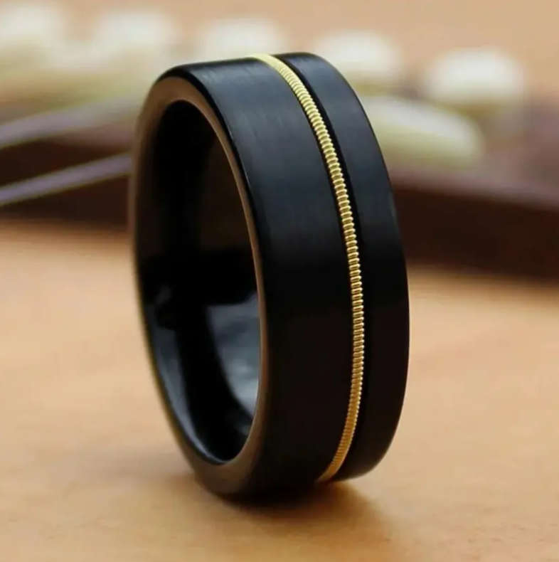 Tungsten Carbide Guitar String Inlay Men's Ring Size V