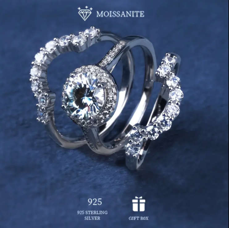 Certified 2CT Moissanite 3 Piece Sterling Silver Ring Set Size R