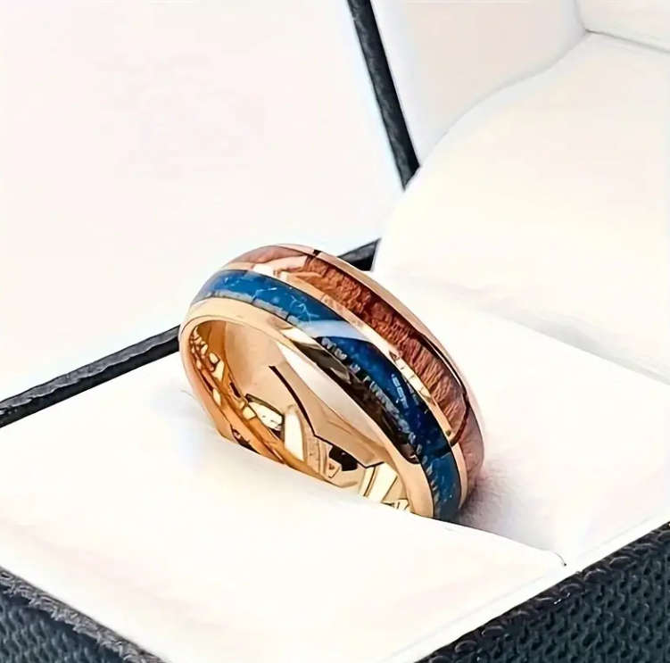 Titanium three Tone Wood Inlay Men's Ring Size Y
