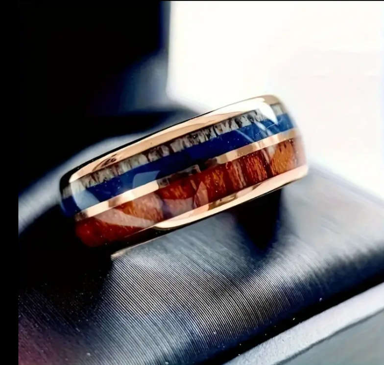Titanium three Tone Wood Inlay Men's Ring Size Y