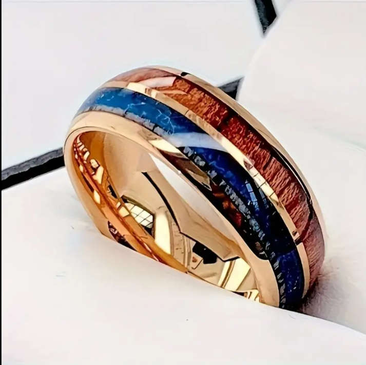 Titanium three Tone Wood Inlay Men's Ring Size Y