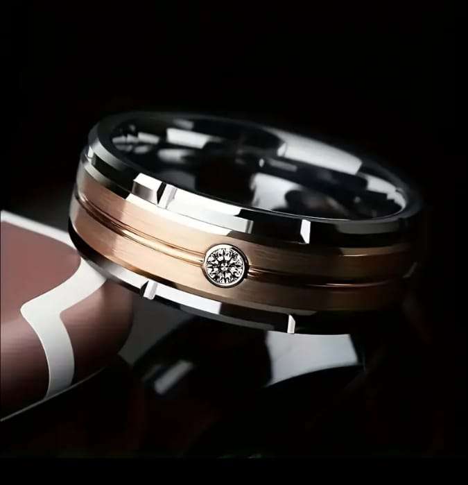 Titanium Two Tone Ring With Simulated Diamond Size R