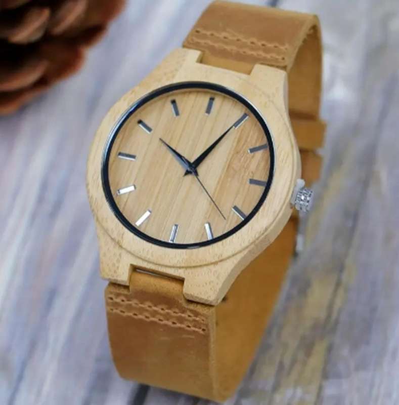 Natural Bamboo Wood Watch With Genuine Leather Straps