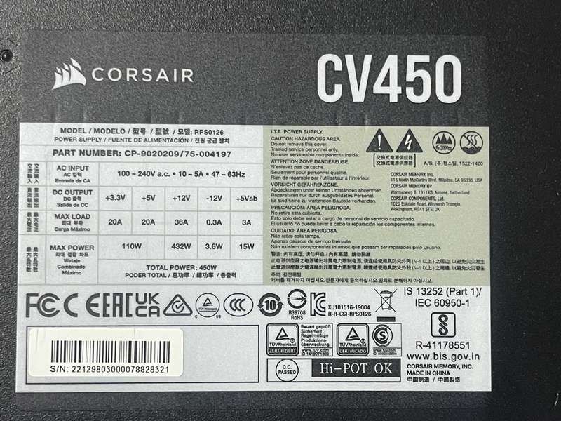 Corsair CV Series CV450  450 Watt 80 Plus® Bronze Certified PSU