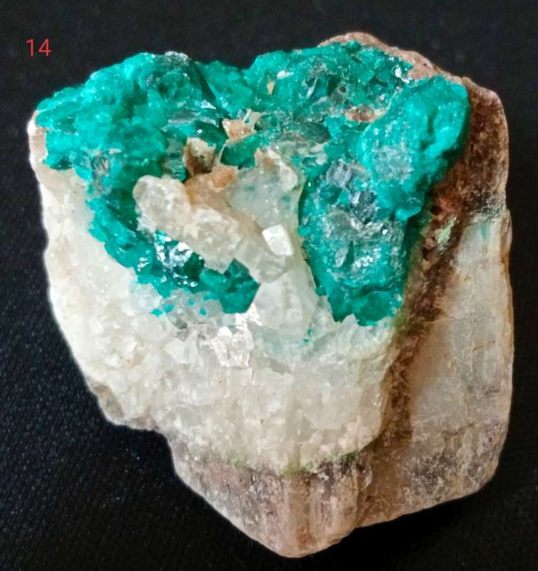 Dioptase on Quartz Calcite - Tsumeb