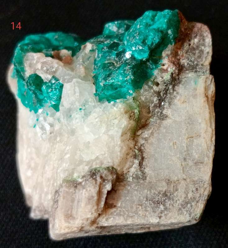 Dioptase on Quartz Calcite - Tsumeb