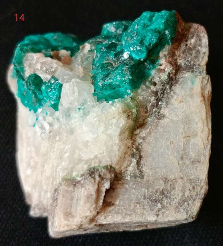 Dioptase on Quartz Calcite - Tsumeb