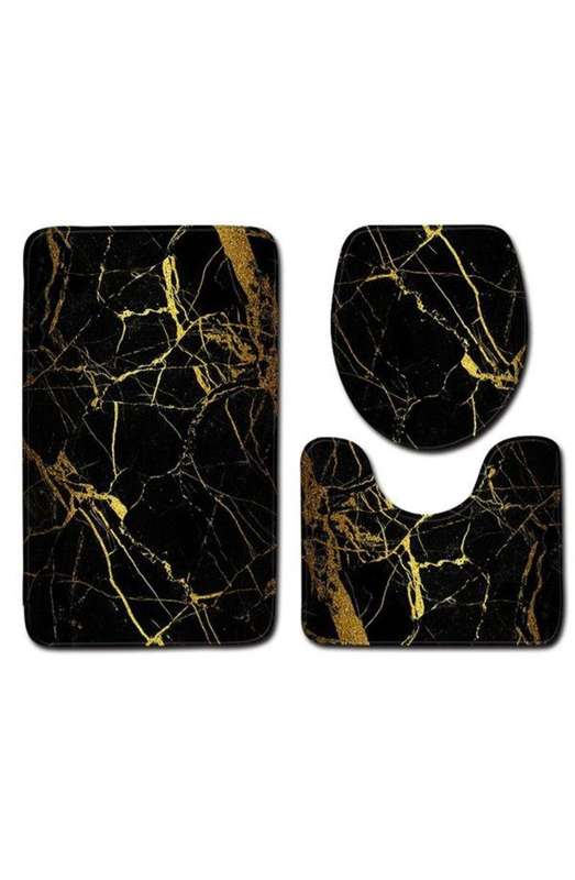 Bathroom Mat Set Marble Look 3 Piece - Black