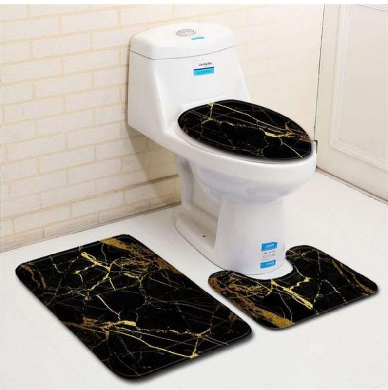 Bathroom Mat Set Marble Look 3 Piece - Black