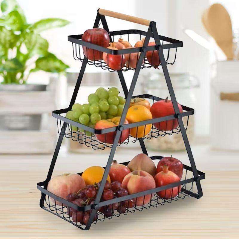 3-Level Open Wire Storage Rack With Wooden Handle - Black