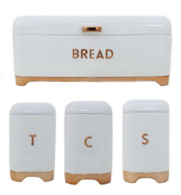 Bread Bin & Canister Set 4 Piece Retro - White, Gold