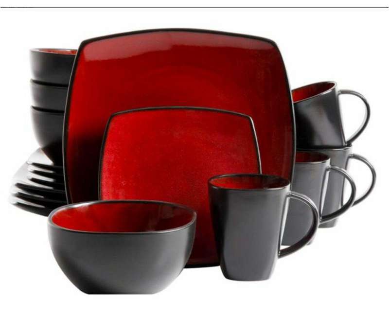 16 Pieces Square Ceramic Dinner Set - Red, Black