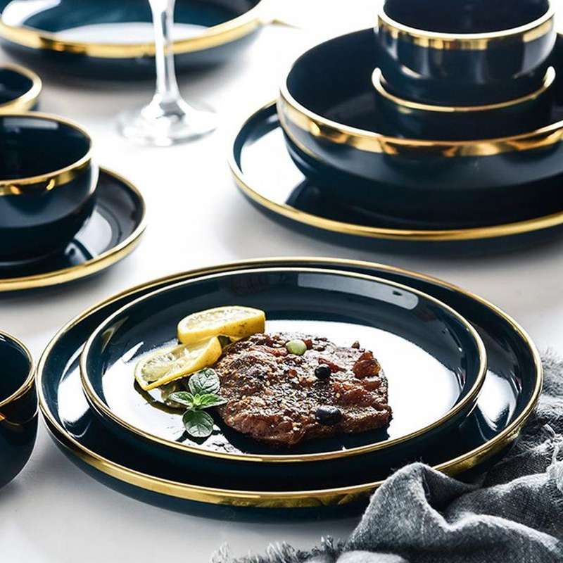 Premium Quality Porcelain Dish Dinnerware and Golden Rim - 26cm