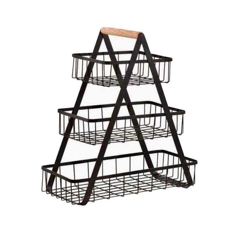 3-Level Open Wire Storage Rack With Wooden Handle - Black