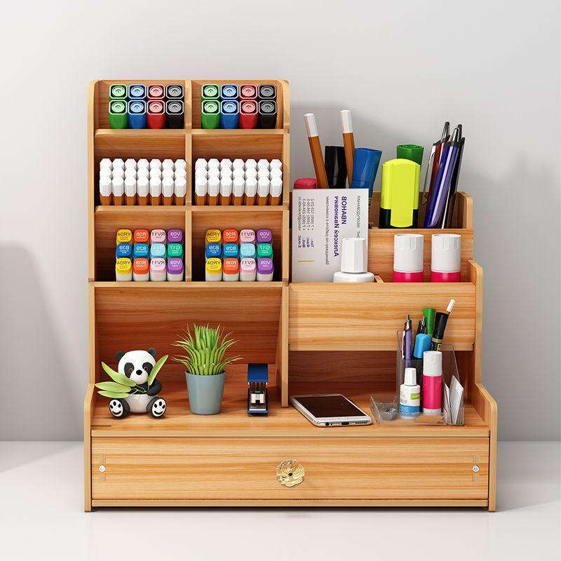 Wooden Stationery Organizer With Storage Drawer - Brown