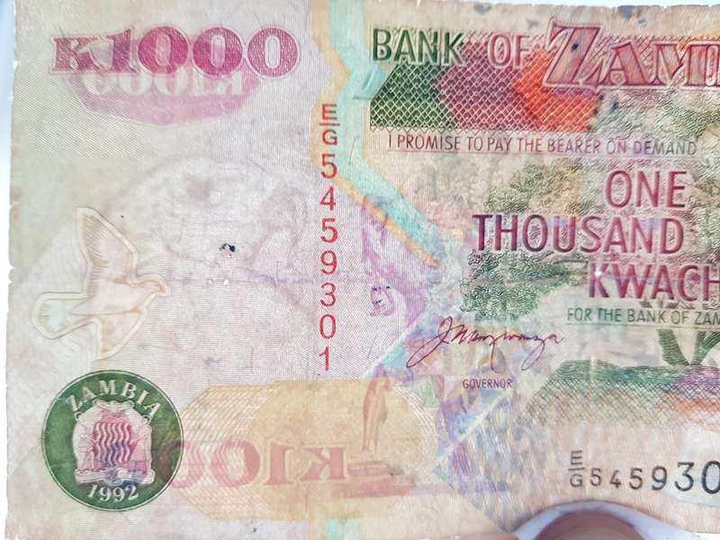 1000 Zambian Kwacha Bank Note from 1992.