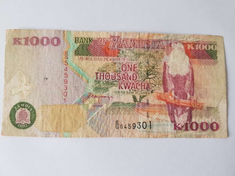 1000 Zambian Kwacha Bank Note from 1992.