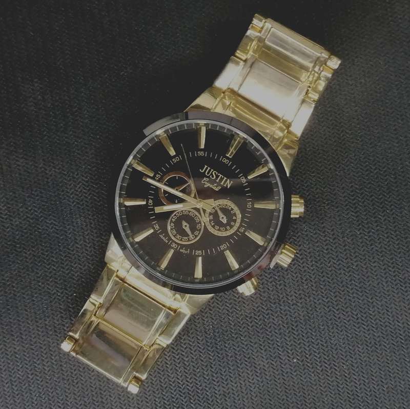 Justin Crystal Gold & Black Watch  Elegant Design with Decorative Inner Clocks
