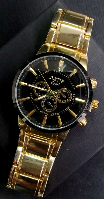 Justin Crystal Gold & Black Watch  Elegant Design with Decorative Inner Clocks
