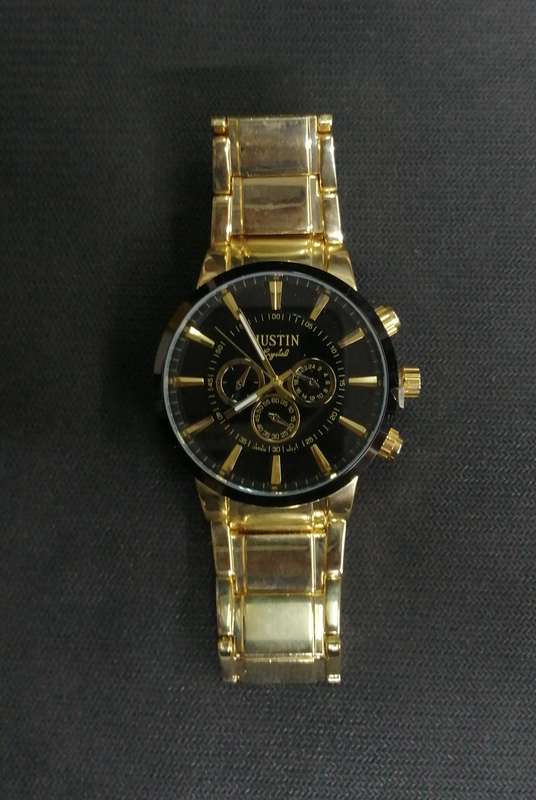 Justin Crystal Gold & Black Watch  Elegant Design with Decorative Inner Clocks