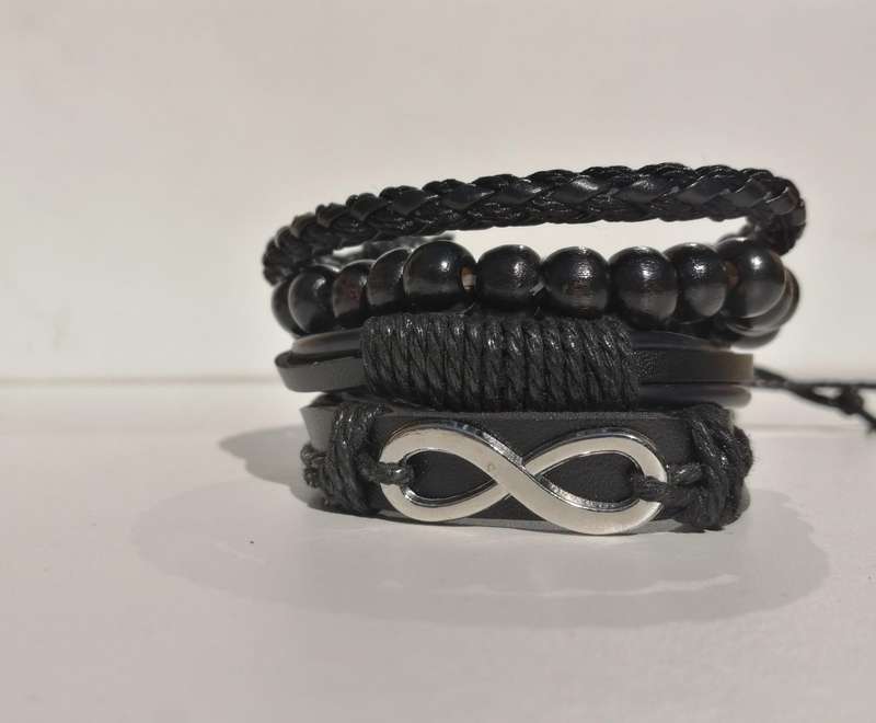 Mens Black Leather Watch & Bracelet Set  5-Piece Collection