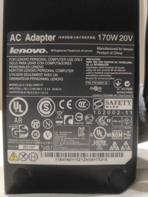 LENOVO 45N0115 20V 8.5A 170W Genuine Original AC Power Adapter Charger ROUND PIN Plug