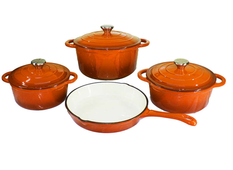 7 Piece Authentic Cast Iron Dutch Oven Cookware Pot Set - Orange