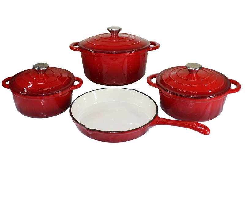 7 Piece Authentic Cast Iron Dutch Oven Cookware Pot Set - Red