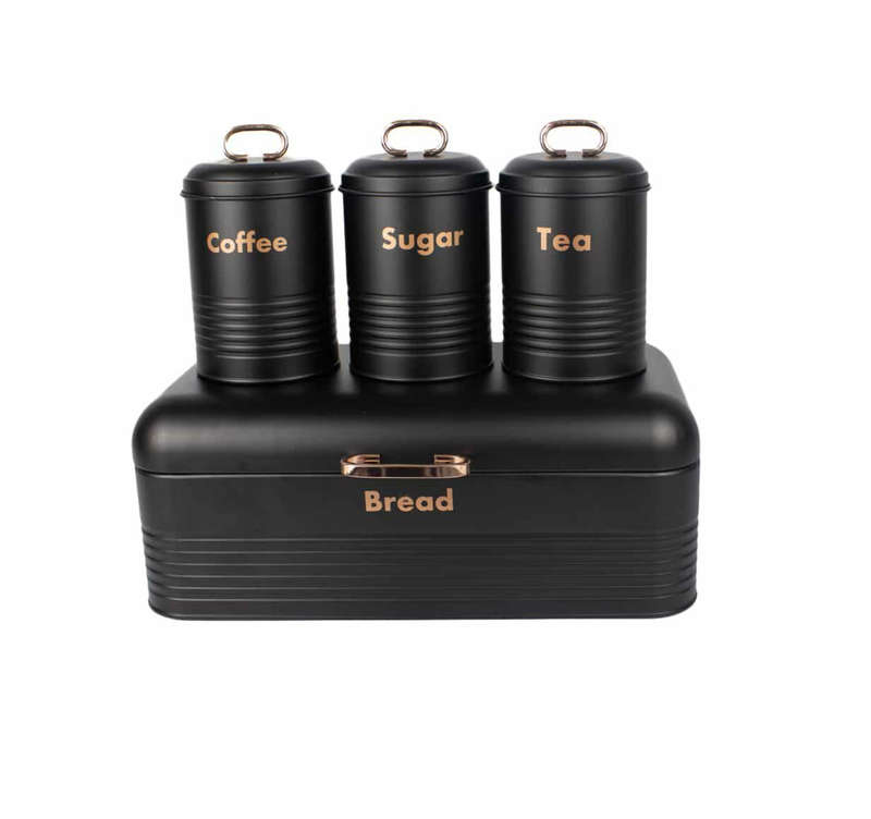 Totally Home Retro Breadbin Steel Design with 3 Piece Matching Canister Set - Black