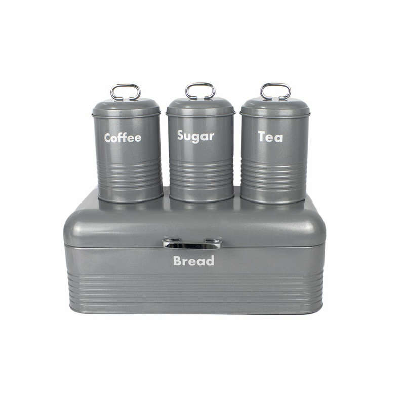 Totally Home Retro Breadbin Steel Design with 3 Piece Matching Canister Set - Grey