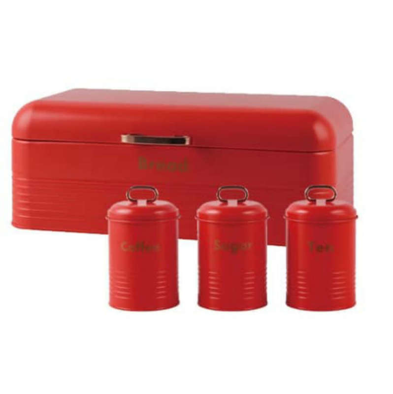 Totally Home Retro Breadbin Steel Design with 3 Piece Matching Canister Set - Red