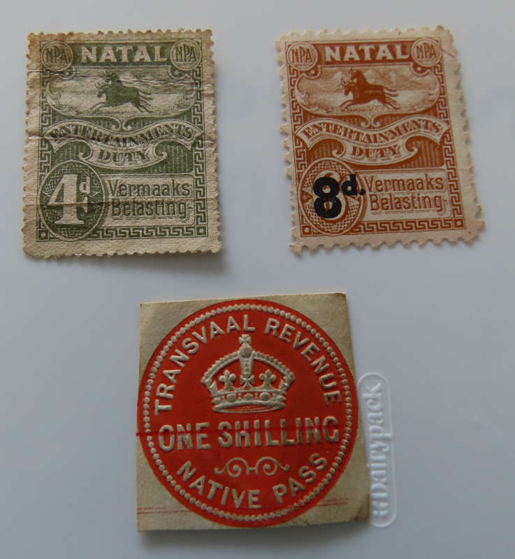 South Africa - 2 Natal Entertainment Stamps and Transvaal Native Pass Stamp - Rare