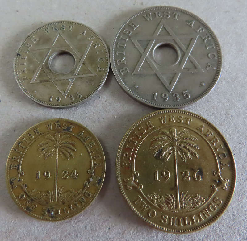British West Africa - 1/2d, 1d 1/- ,2/- - coins