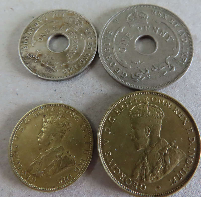 British West Africa - 1/2d, 1d 1/- ,2/- - coins