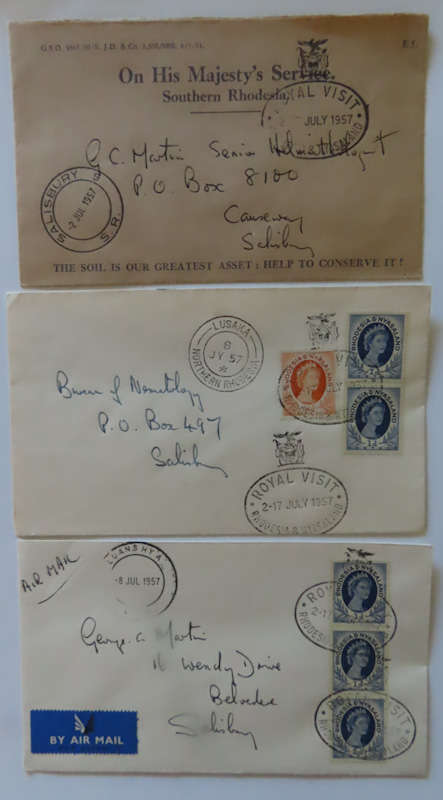 Rhodesia and Nyasaland Royal Tour 1957 with stops as shown on 6 envelopes and 1953 Royal Visit env.