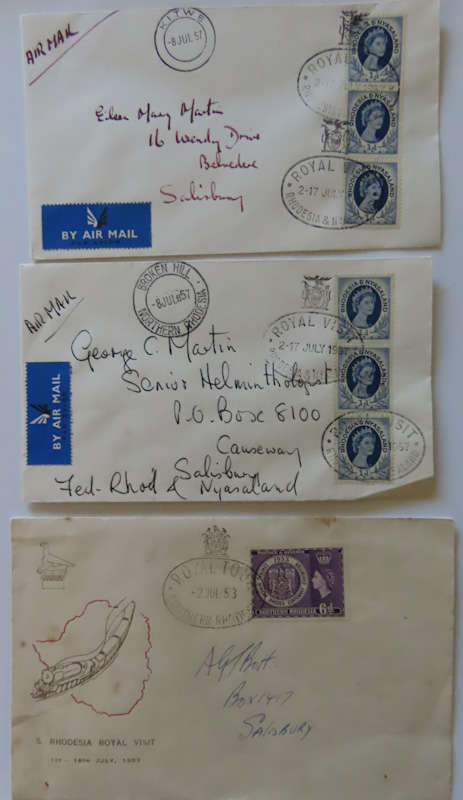 Rhodesia and Nyasaland Royal Tour 1957 with stops as shown on 6 envelopes and 1953 Royal Visit env.