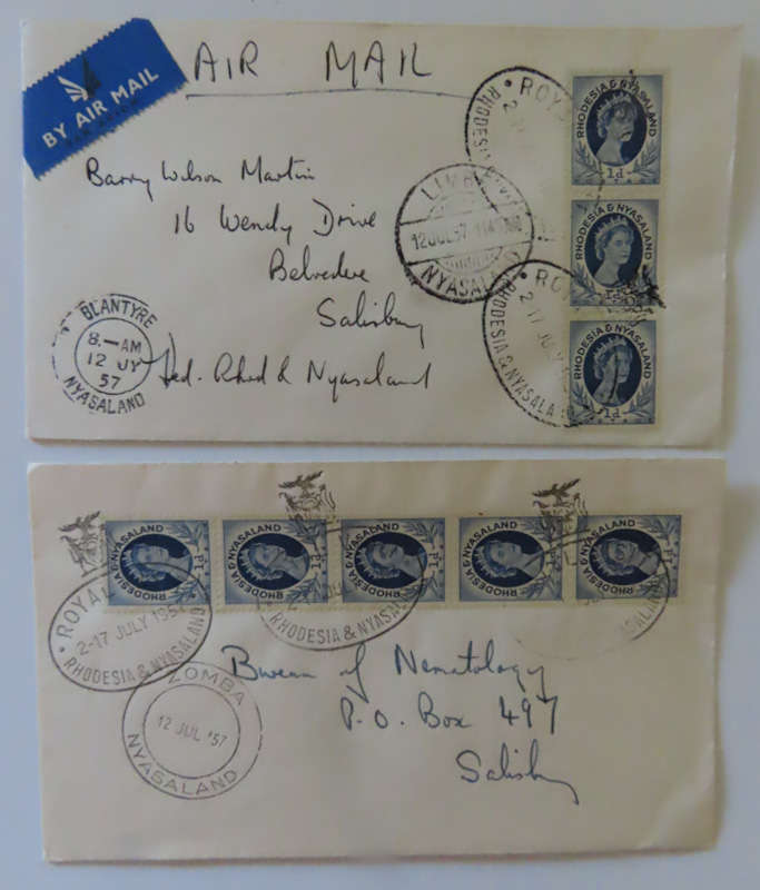Rhodesia and Nyasaland Royal Tour 1957 with stops as shown on 6 envelopes and 1953 Royal Visit env.
