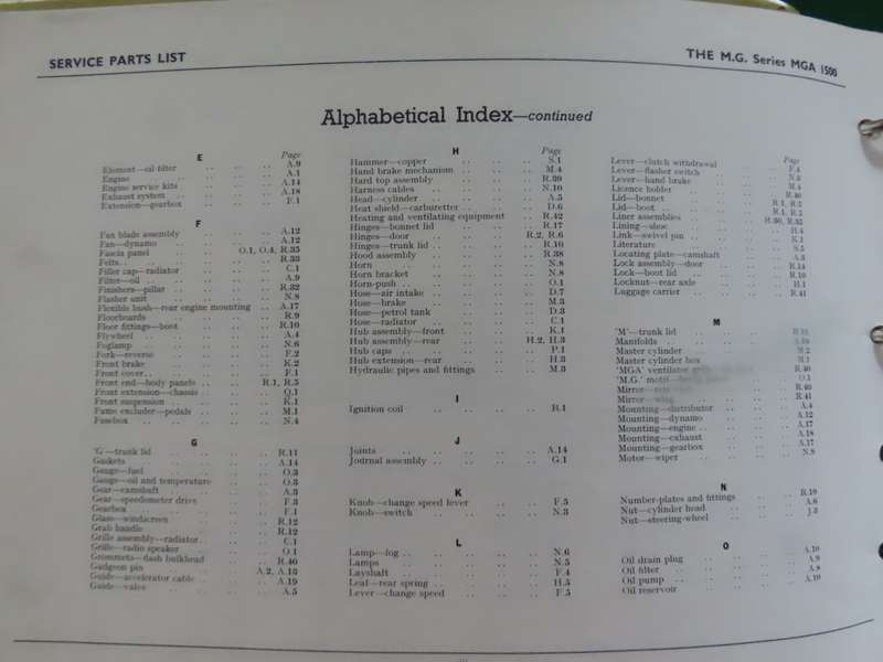 M.G.A. - Series MGA Service Parts List - Book Printed 1960