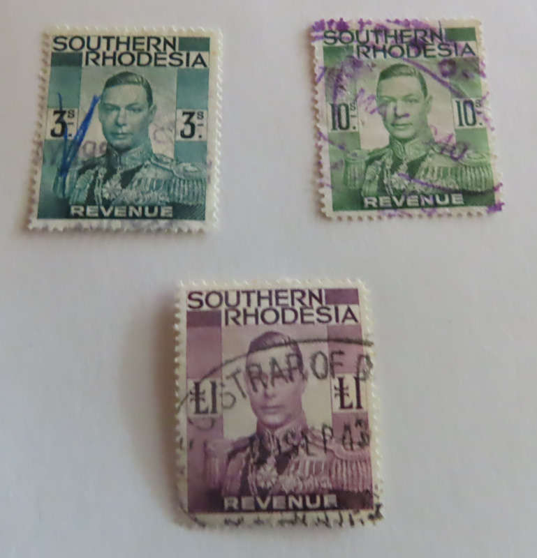 Stamps - Southern Rhodesia Revenue 3/-, 10/- , £1 Used