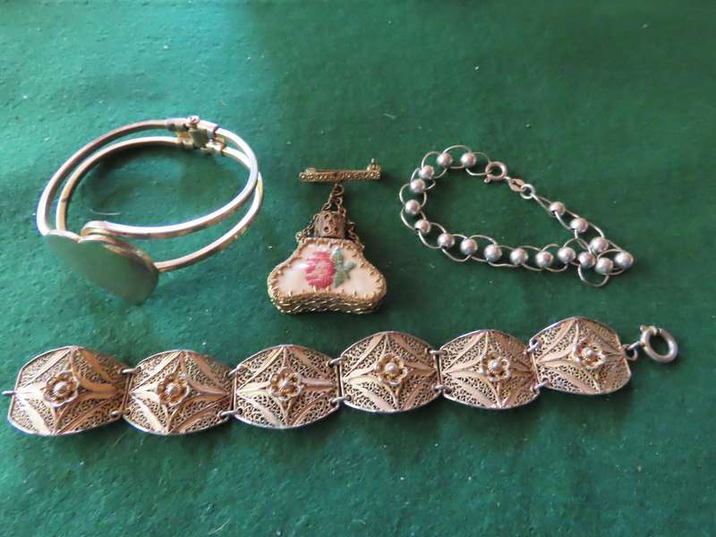 Costume Jewellery - 3 Bracelets/Bangles # 1 and 1 Brooch Held Perfume